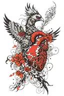 pheonix rising from fire holding an anatomical heart in talons tattoo design idea