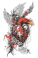 pheonix rising from fire holding an anatomical heart in talons tattoo design idea