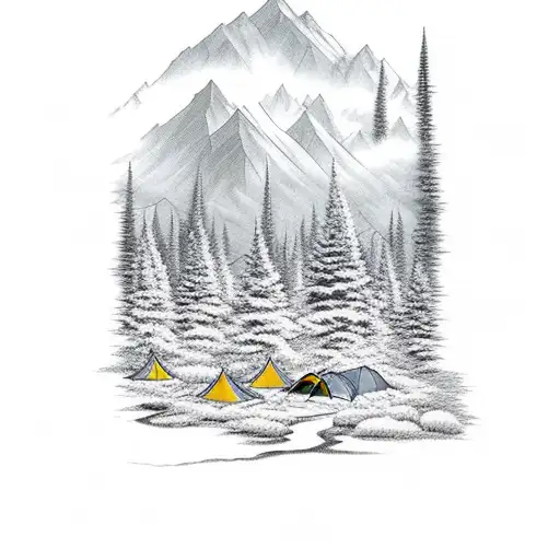 mountain range, line of trees infront, two tents with a stream running through and campfire tattoo design idea