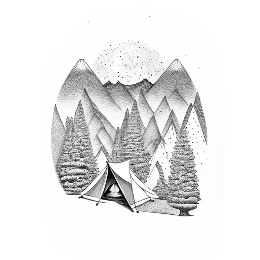 mountain range, tent, trees, fire tattoo design idea