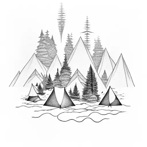 mountain range, line of trees infront, tents and campfire tattoo design idea