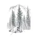 mountain range, line of trees infront, two tents with a stream running through and campfire tattoo design idea