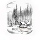 mountain range, line of trees infront, two tents with a stream running through and campfire tattoo design idea
