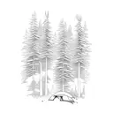 mountain range, line of trees infront, two tents with a stream running through and campfire tattoo design idea