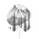 mountain range, tent, trees, fire tattoo design idea