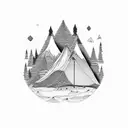 mountain range, tent, trees, fire tattoo design idea