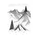 mountain range, tent, trees, fire tattoo design idea