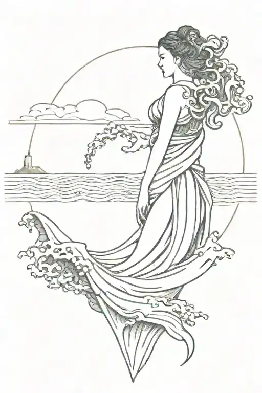 kanagawa wave with a merged grec statue woman  head on top like Hera tattoo design idea