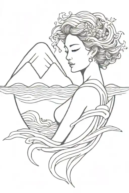 kanagawa wave with a merged grec statue woman  head on top  tattoo design idea