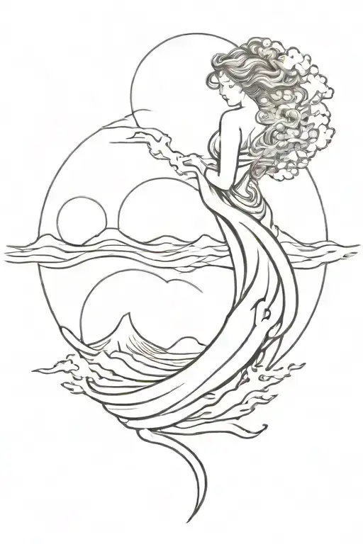 kanagawa wave with a merged grec statue woman  head on top  tattoo design idea