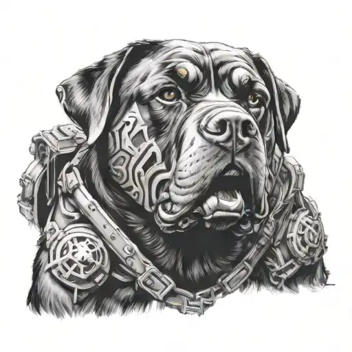 Create a high-resolution image of a Rottweiler dog wearing the iconic armor of Marcus Fenix from the Gears of War video  tattoo design idea