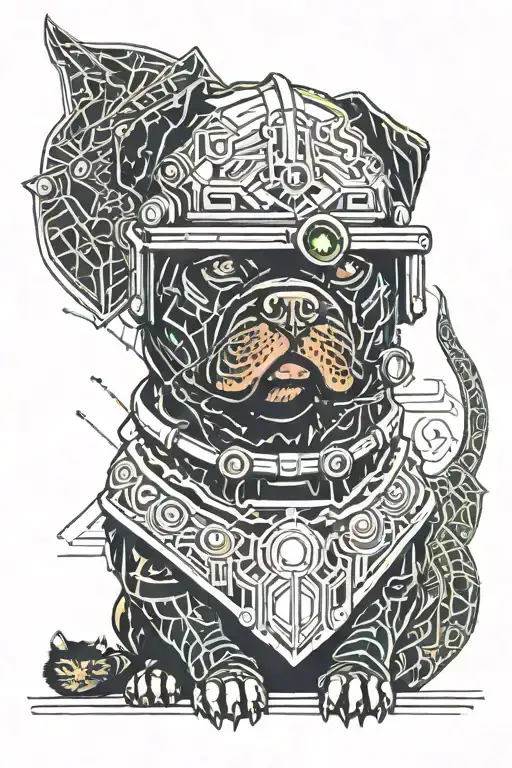 Create a cartoon-style image featuring a Rottweiler dog and a cat, both dressed in the distinctive helmets and armor fro tattoo design idea
