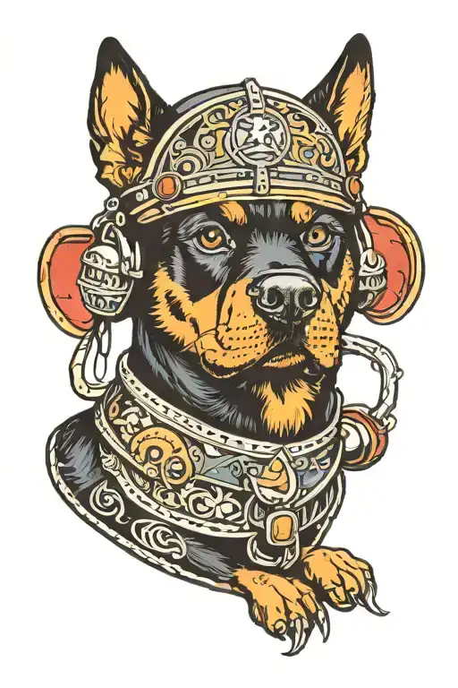 Create a cartoon-style image featuring a Rottweiler dog and a cat, both dressed in the distinctive helmets and armor fro tattoo design idea