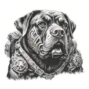 Create a high-resolution image of a Rottweiler dog wearing the iconic armor of Marcus Fenix from the Gears of War video  tattoo design idea