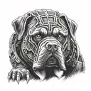 Create a high-resolution image of a Rottweiler dog wearing the iconic armor of Marcus Fenix from the Gears of War video  tattoo design idea