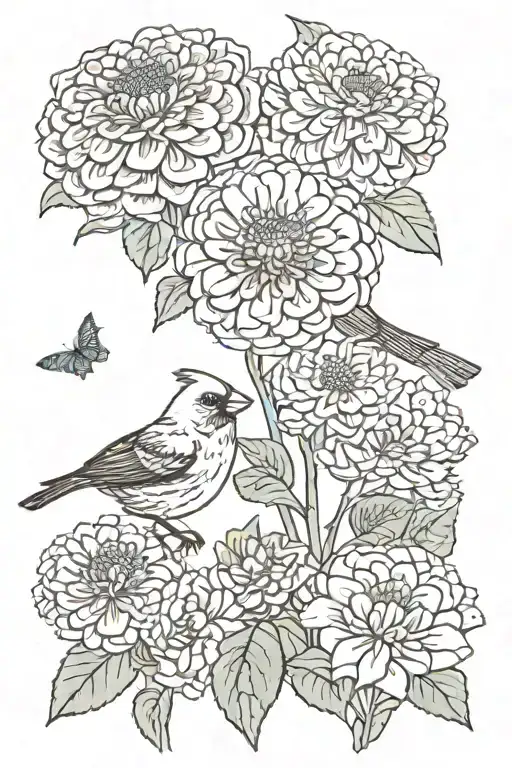 zinnia flower and cardinal bird tattoo design idea