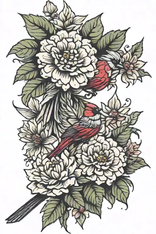 zinnia flower and cardinal bird tattoo design idea