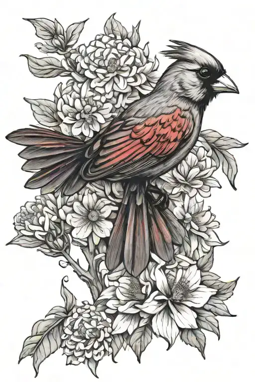zinnia flower and cardinal bird tattoo design idea