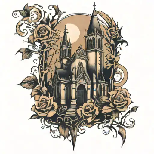 dark gothic style church on the leg tattoo design idea