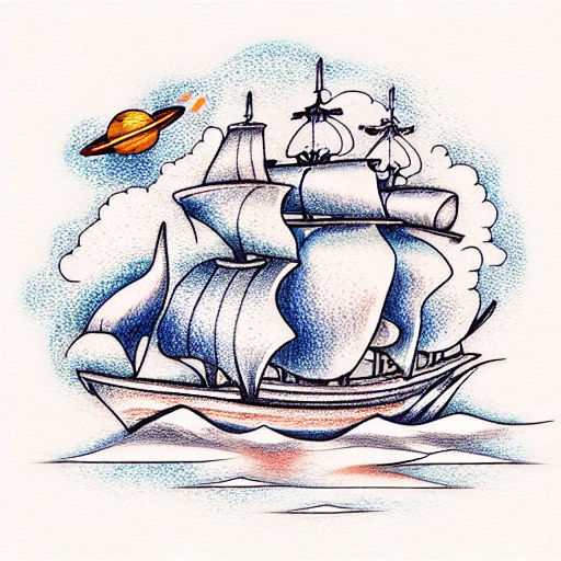 aqua and orange color gradient, pirate and a ship that flies in space stars bg tattoo design idea