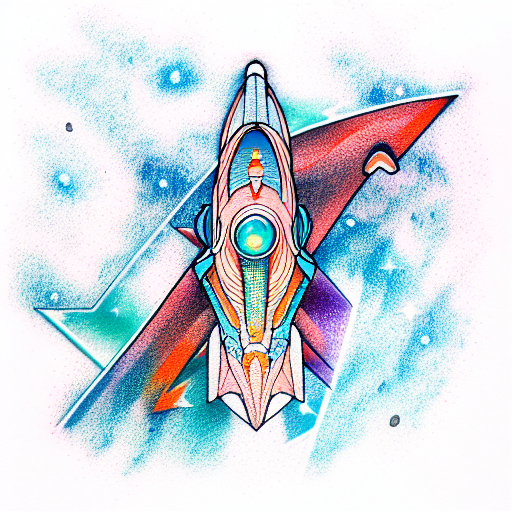 aqua and orange color gradient, spaceship, stars, complex, detailed, hd tattoo design idea