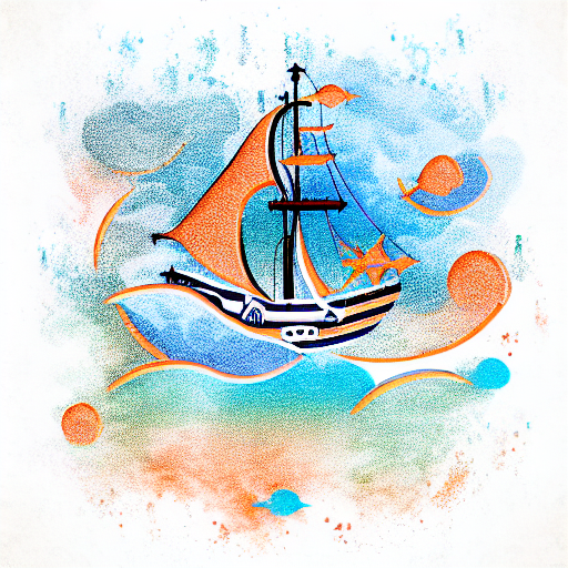 aqua and orange color gradient, pirate and a ship that flies in space stars bg tattoo design idea