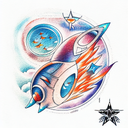 aqua and orange color gradient, spaceship, stars, complex, detailed, hd tattoo design idea