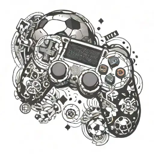 A tattoo of a soccer ball morphing into a video game controller, surrounded by symbols of trading tattoo design idea