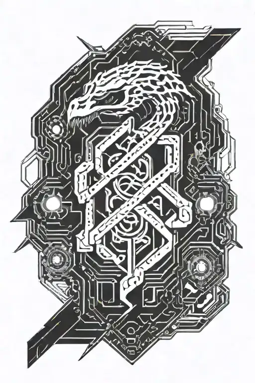 dark mark, cyberpunk 2077 style, back and white drawing tattoo design idea