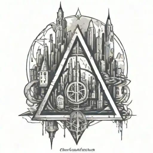 deathly hallows symbol cyberpunk cityscape tattoo design idea
