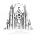 A cathedral with an eclipse above tattoo design idea