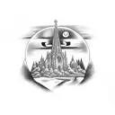 A cathedral with an eclipse above tattoo design idea