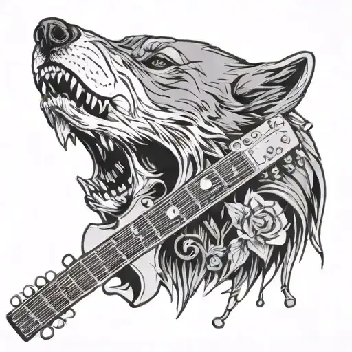 guitar neck piercing the skull in the background a calm wolf head tattoo design idea