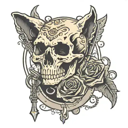 guitar neck piercing the skull in the background a calm wolf head tattoo design idea