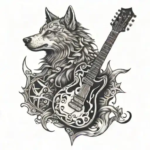 A guitar made out of medieval swords and shields, with a wolf howling in the background tattoo design idea