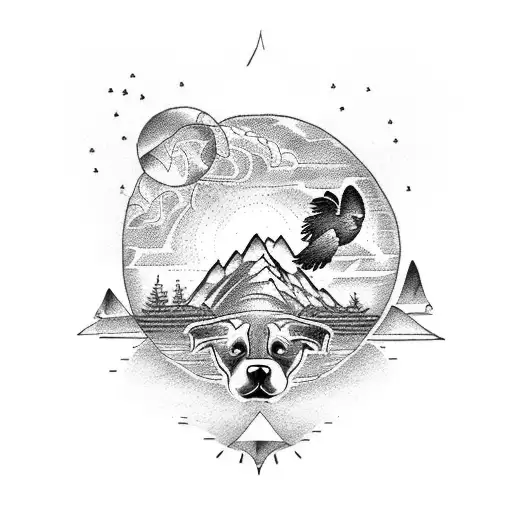 A dotwork tattoo featuring a tropical beach sunrise, with a Rottweiler dog and an eagle soaring above. A compass and map elements are intricately integrated into the design, alongside a sketch-style representation of mountains and forests. tattoo design idea