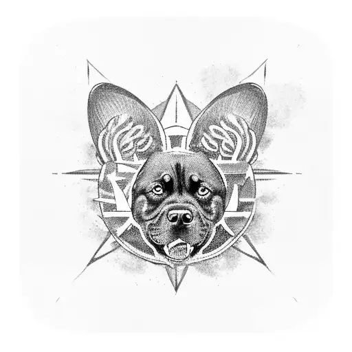 A black-grey tattoo featuring a serene tropical beach sunrise, with a Rottweiler dog and an eagle perched on a compass and map. The landscape includes a sketch-style mountain and forest backdrop, adding depth and texture to the design. tattoo design idea