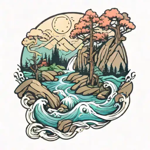 Mountain stream splits the mountain tattoo design idea