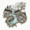 Mountain stream splits the mountain tattoo design idea