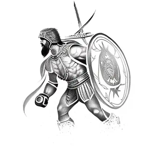 Create a tattoo design with a theme of "fight for what you believe in". Include a gladiator on his knee with a sword inc tattoo design idea