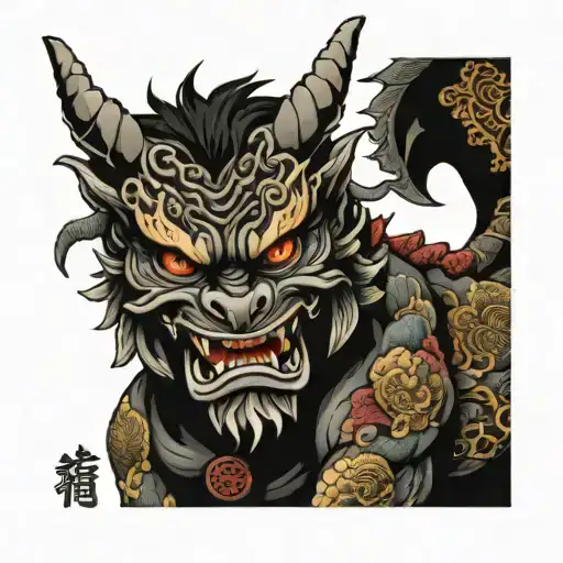 oni mask dog fu dragon wrapped tattoo design idea