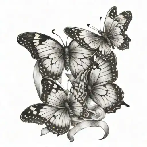 three butterflies with a ribbon for birth and death date tattoo design idea