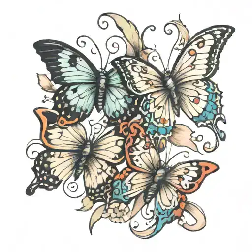 three butterflies with a ribbon for birth and death date tattoo design idea