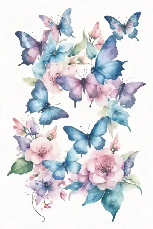 blossom flowers purple pink blue butterflies tattoo design idea