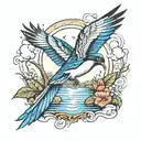 river scene inside of a magpie bird flying tattoo design idea