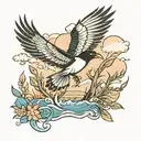 river scene inside of a magpie bird flying tattoo design idea