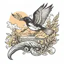river scene inside of a magpie bird flying tattoo design idea