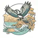 river scene inside of a magpie bird flying tattoo design idea