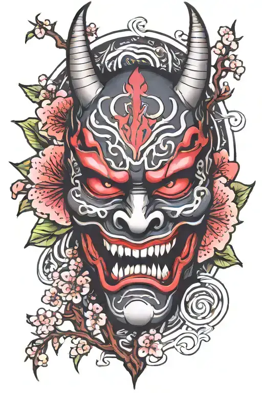 half oni mask with cherry blossom tree tattoo design idea