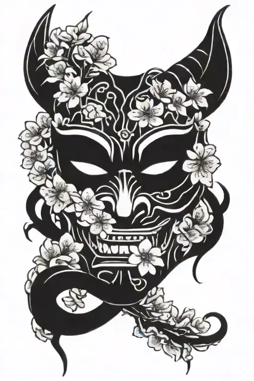 half oni mask with cherry blossom tree tattoo design idea